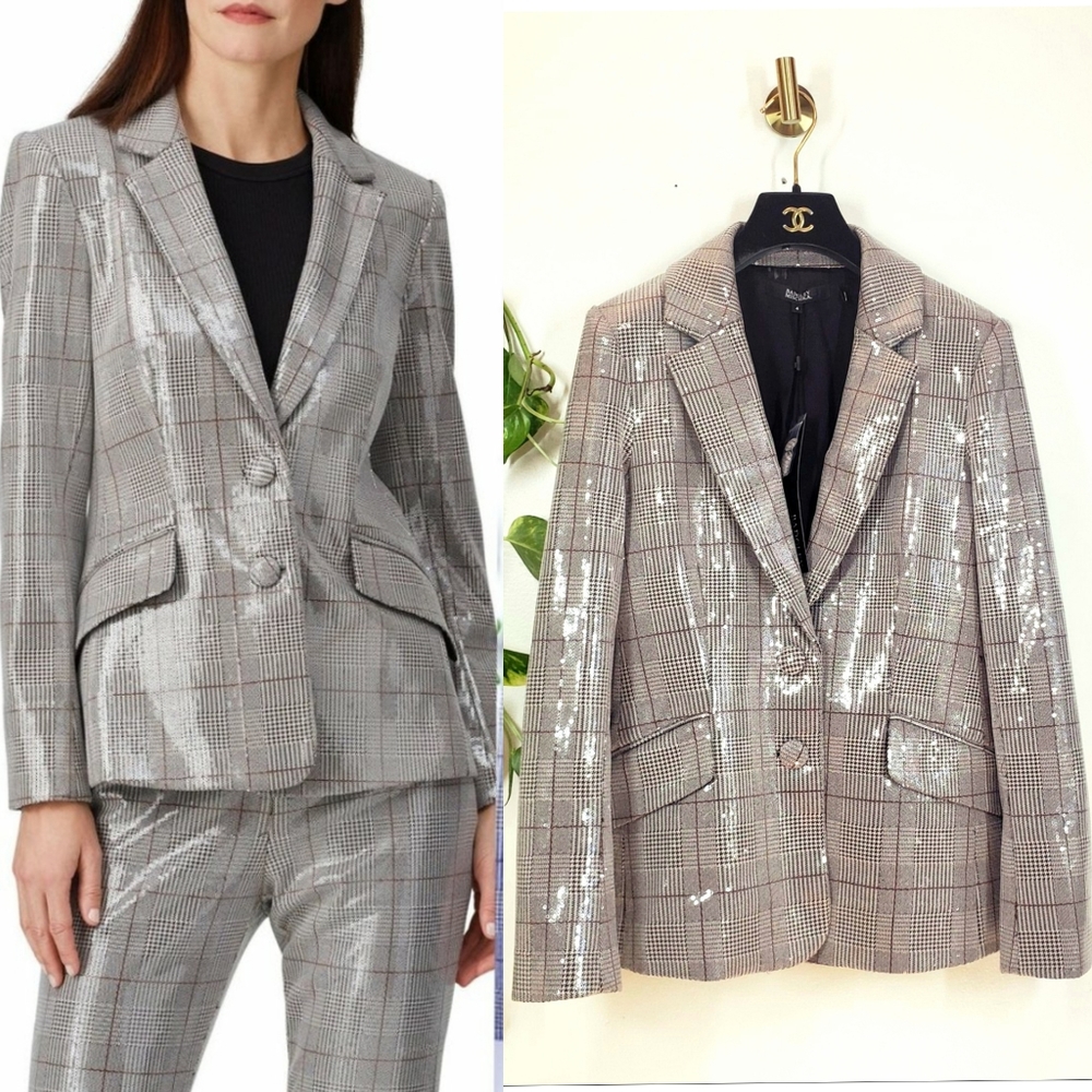 $495 NWT BADGLEY MISCHKA Plaid Blazer Silver Coat XS Button down Sparkle Chic - Picture 13 of 14